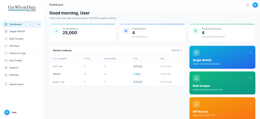 GetWhoisData Developer Dashboard Portal Interface